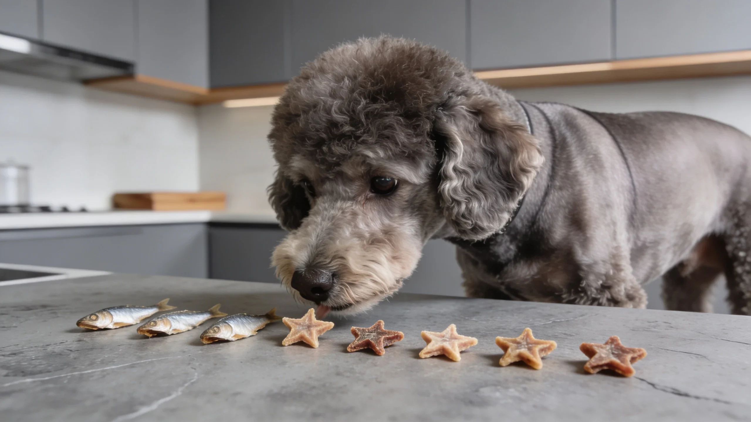 Poodle inspecting dehydrated fish dog treats on a modern kitchen counter, highlighting healthy ingredients.