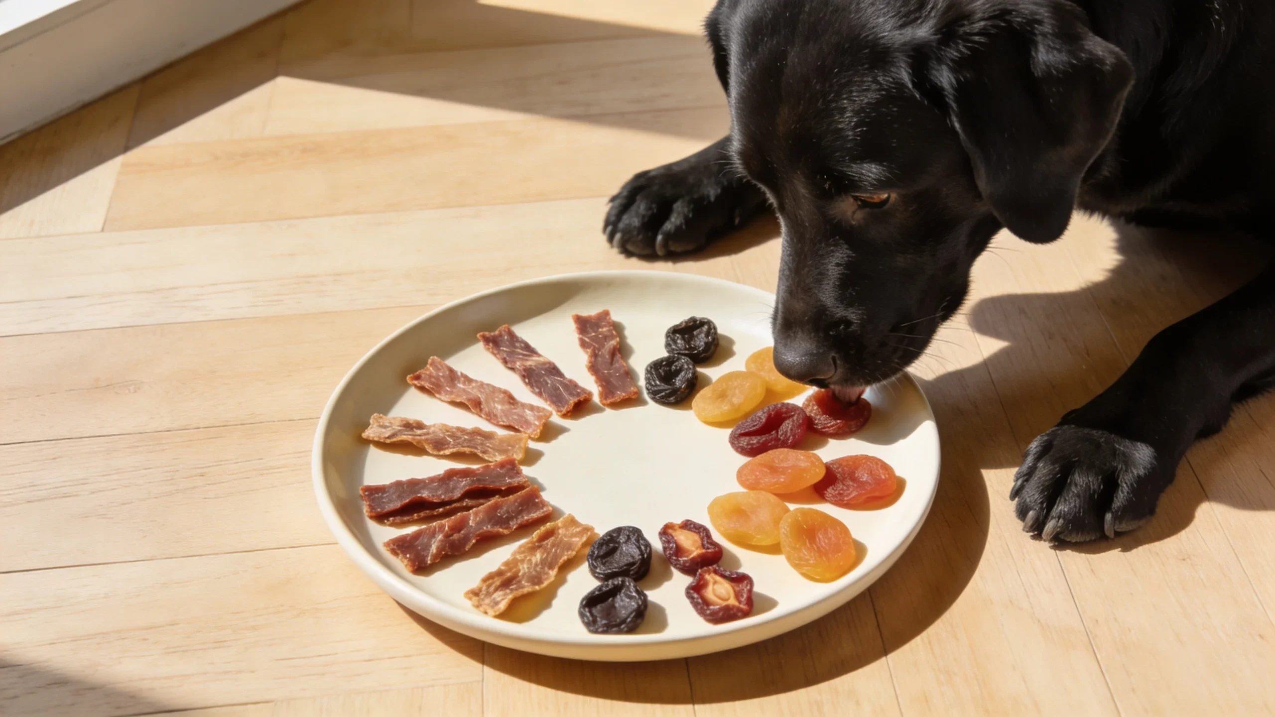 Black Labrador examining single-ingredient dog treats laid out on a ceramic plate, highlighting natural ingredients.