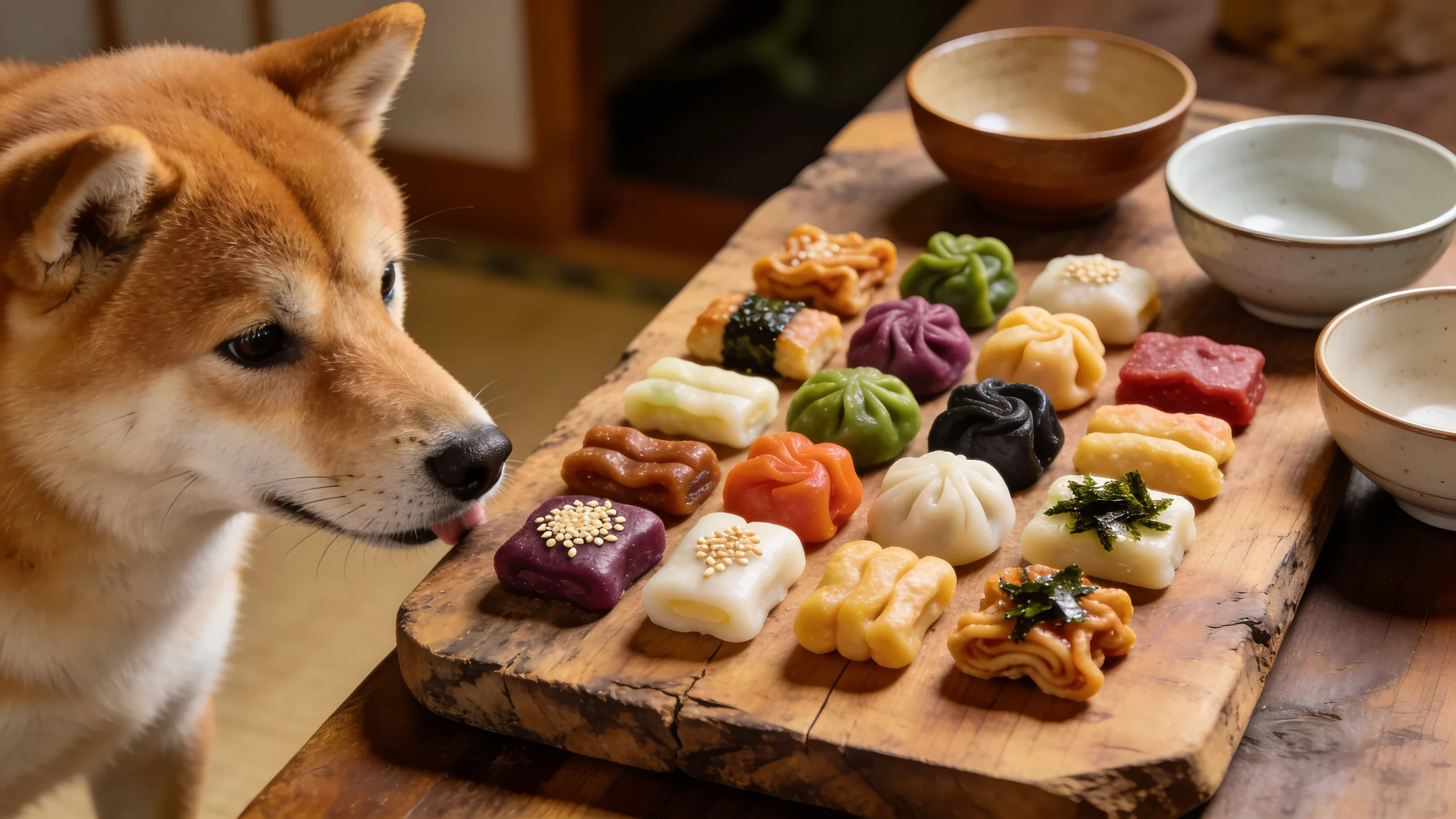 Shiba Inu dog with Korean-inspired dog treats arranged on a wooden board.
