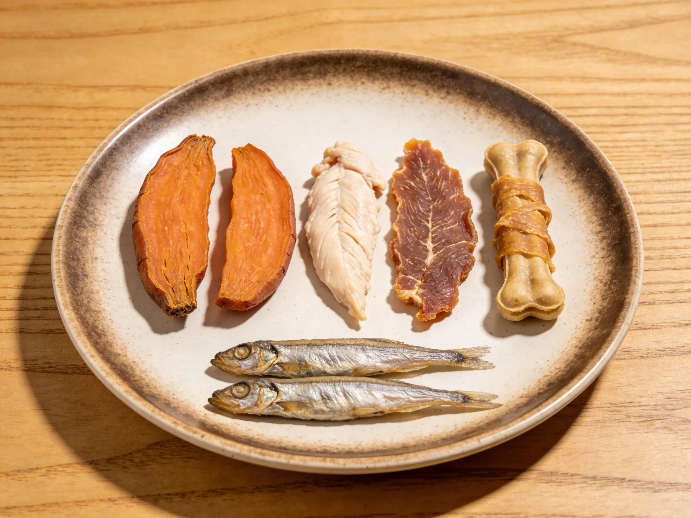 Artfully arranged single-ingredient Korean dog treats on a simple ceramic plate, suggesting quality and natural ingredients.