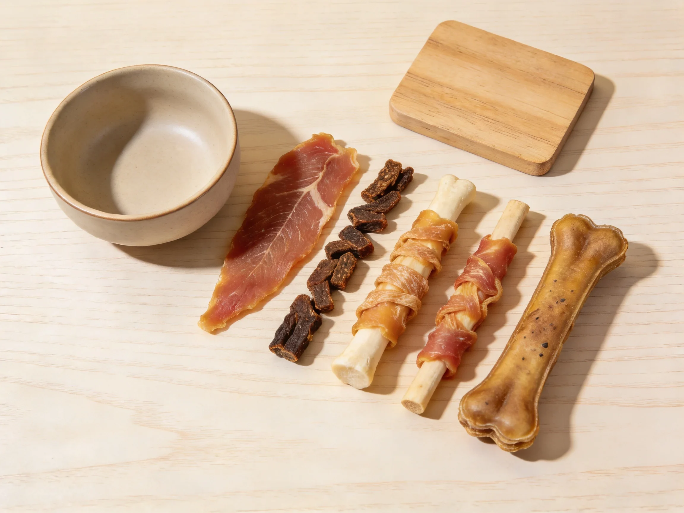 A variety of single-ingredient Korean dog treats laid out on a light wooden surface, showcasing natural textures and colors.