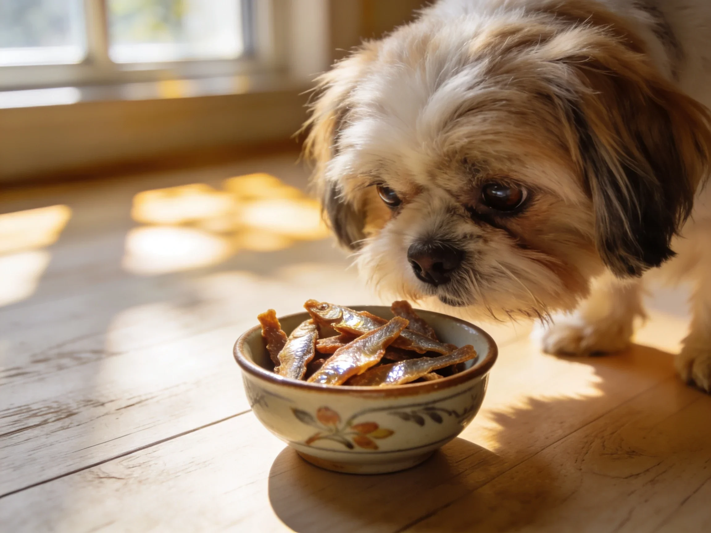Shih Tzu sniffs a traditional ceramic bowl of Korean single-ingredient fish treats on a wooden floor.