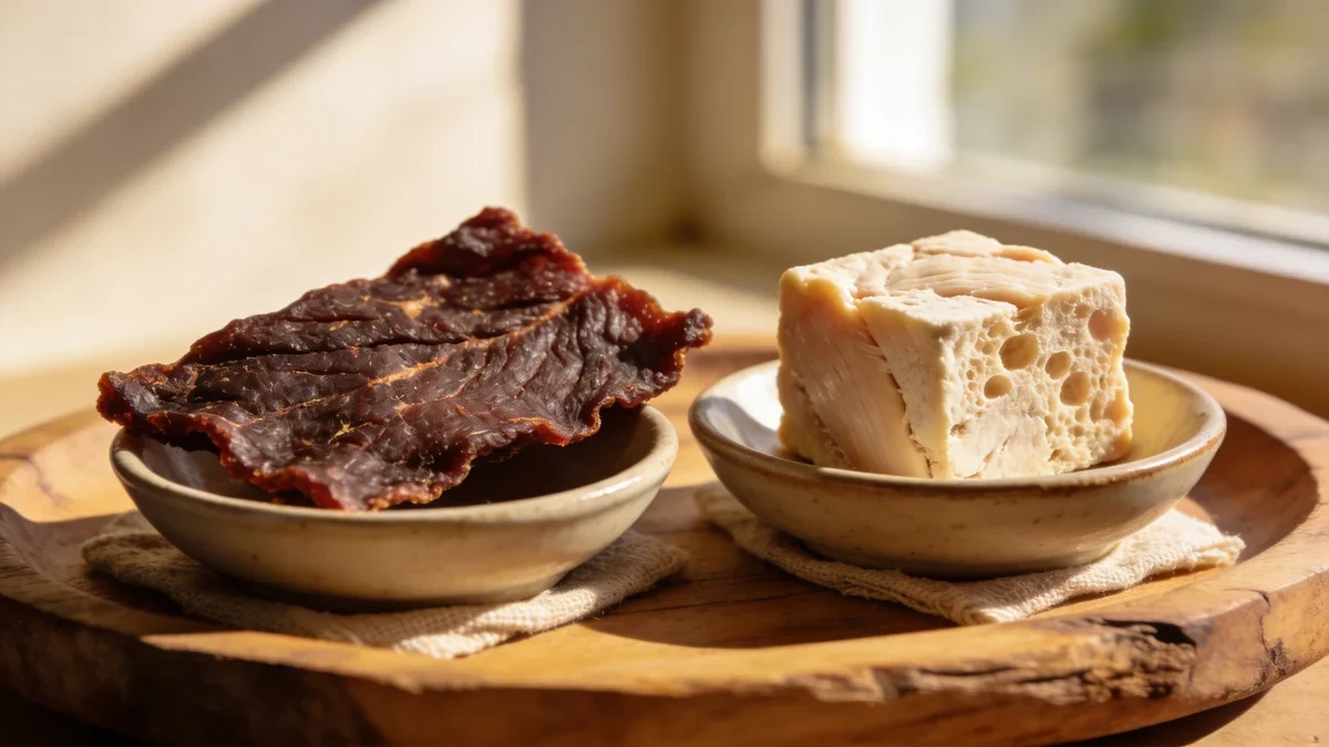 comparison of dehydrated vs freezedried korean dog treats on a wooden board
