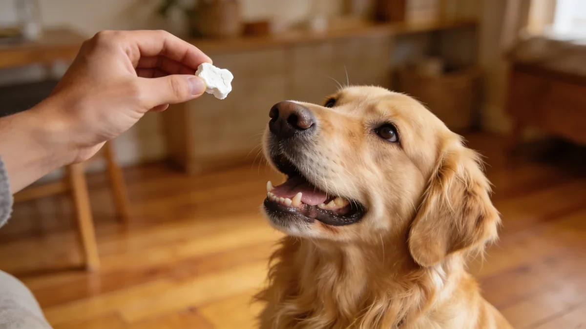 golden retriever waiting for a freeze dried korean dog treat