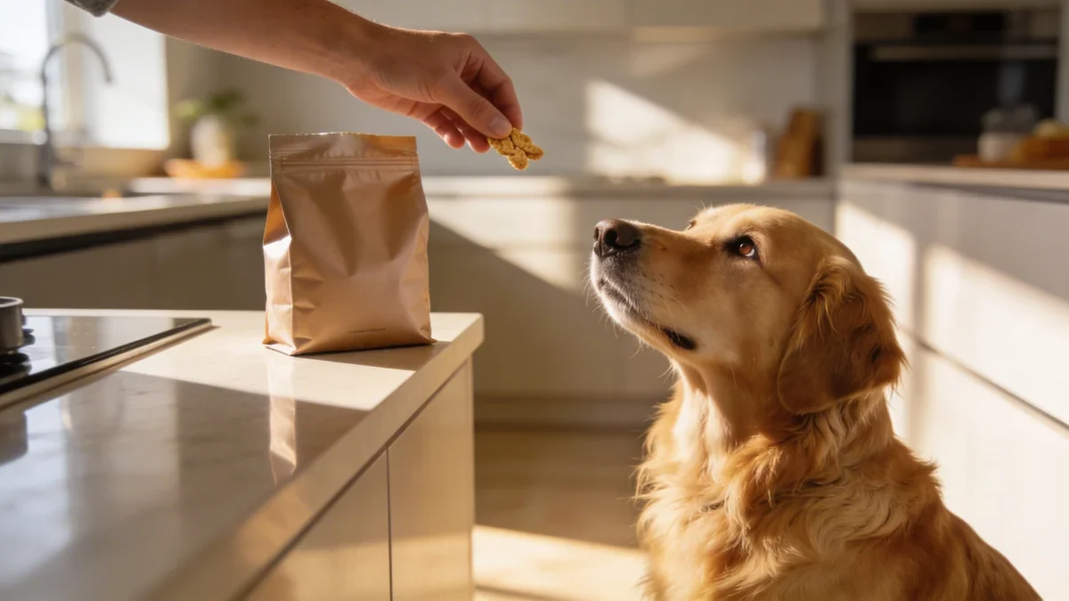 A Golden Retriever sitting patiently while a buyer evaluates a bag of premium dog treats