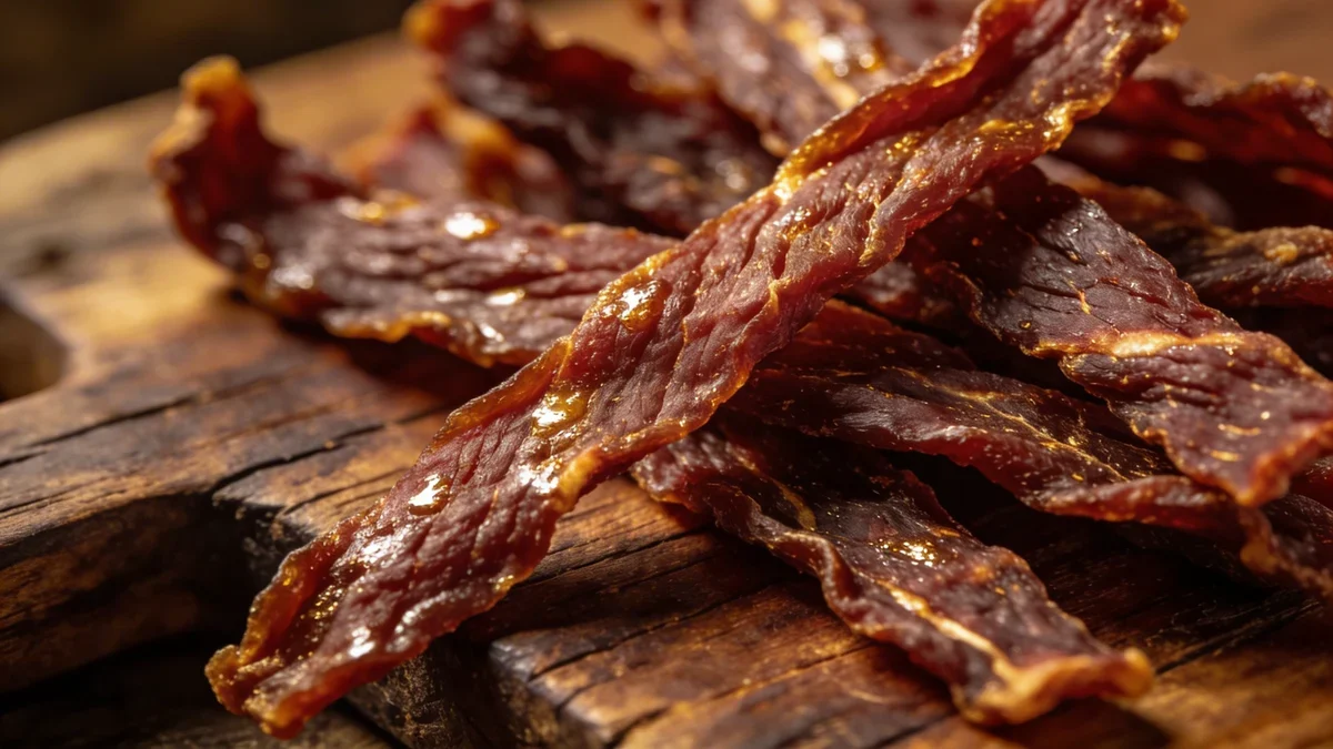 Close up of single ingredient beef jerky dog treats on a wooden board