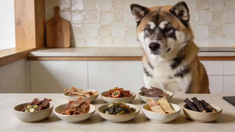 Akita dog inspects a variety of single-ingredient Korean dog treats served in small ceramic dishes on a kitchen counter.