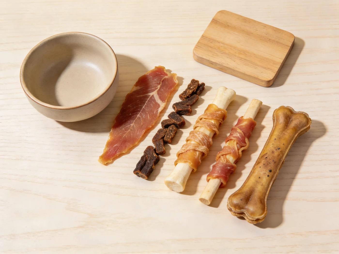 A variety of single-ingredient Korean dog treats laid out on a light wooden surface, showcasing natural textures and colors.