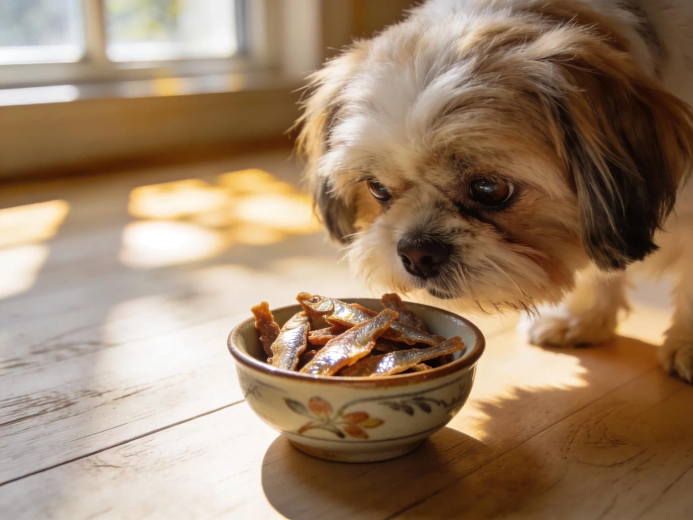 Shih Tzu sniffs a traditional ceramic bowl of Korean single-ingredient fish treats on a wooden floor.