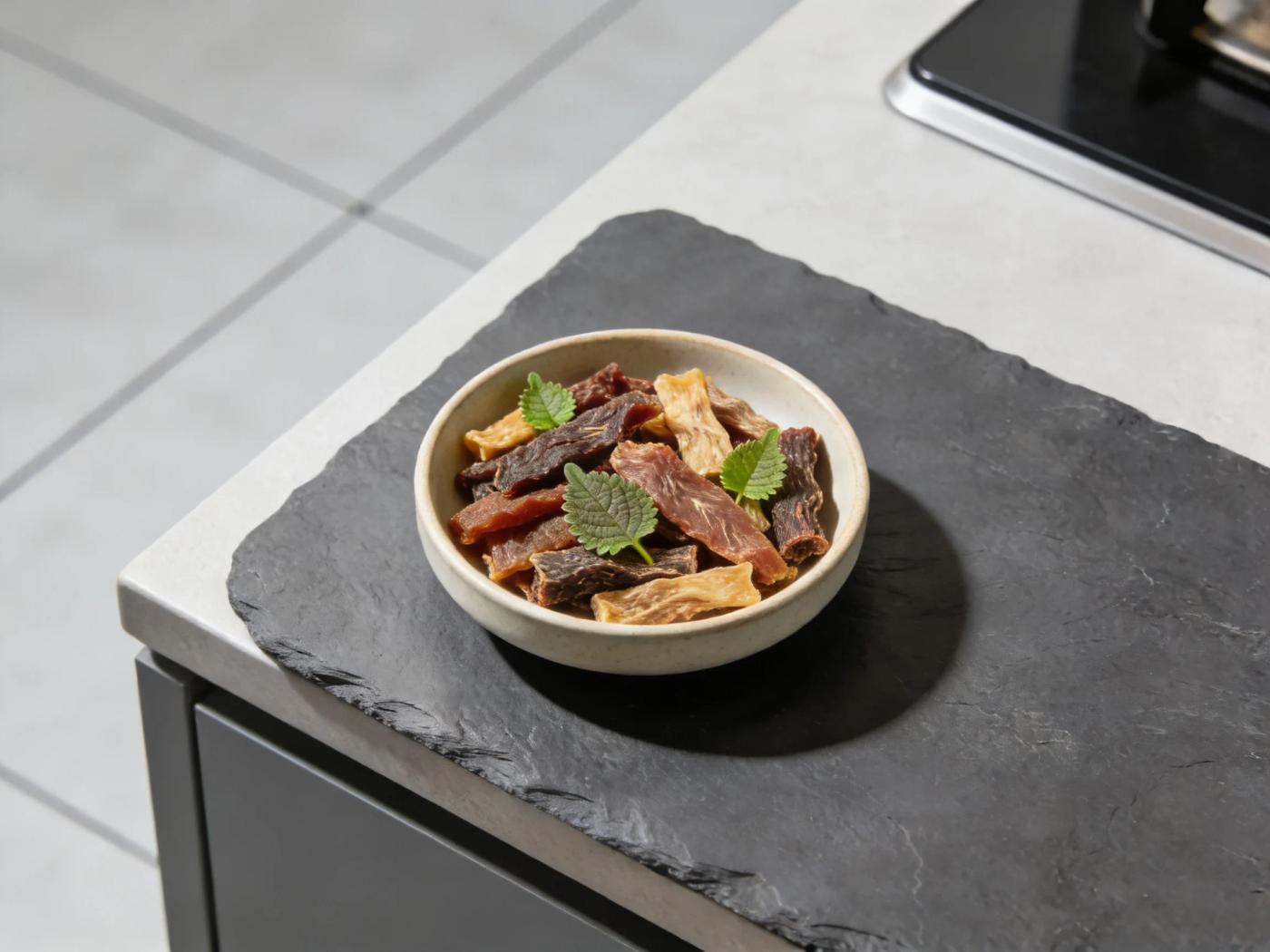 Variety of dried Korean dog treats artfully arranged in a small ceramic dish with subtle garnish on a slate surface.
