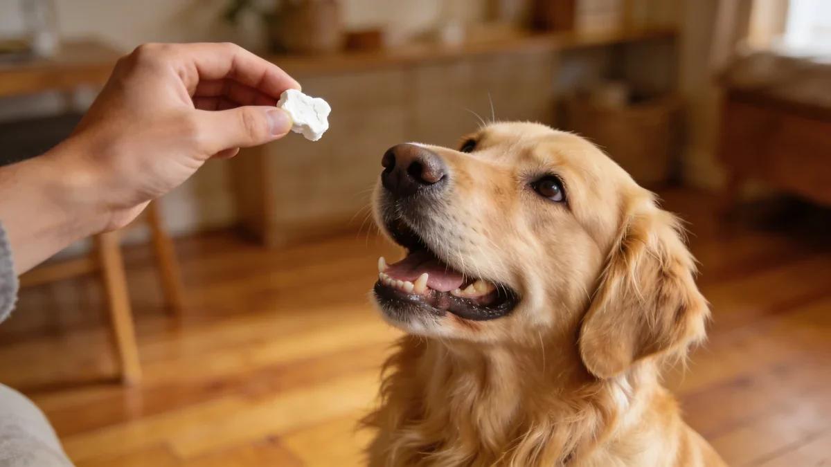 golden retriever waiting for a freeze dried korean dog treat