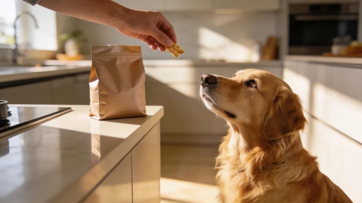A Golden Retriever sitting patiently while a buyer evaluates a bag of premium dog treats