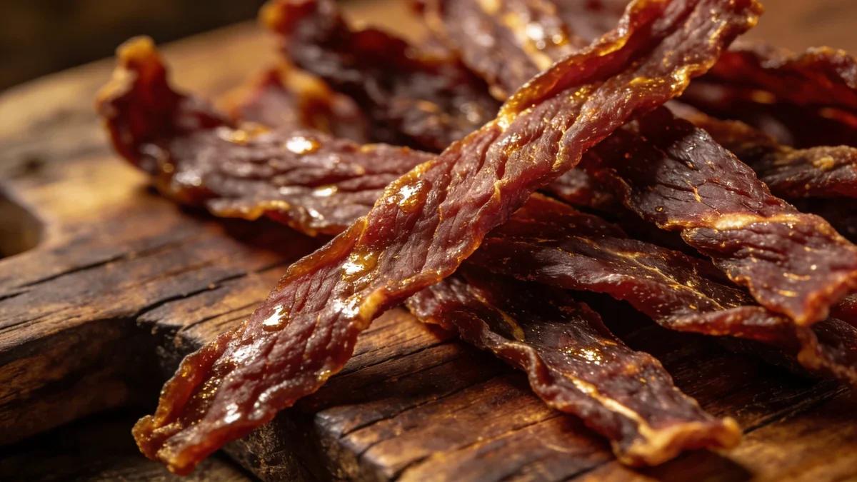 Close up of single ingredient beef jerky dog treats on a wooden board