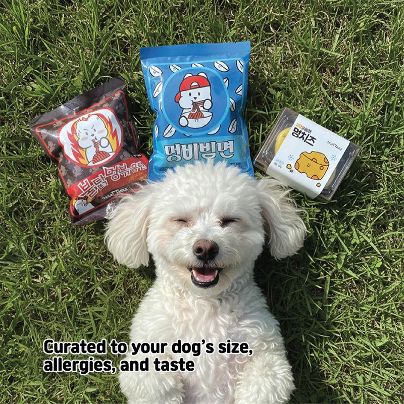 Outdoor UGC-style shot with a pup and the treats from one box.