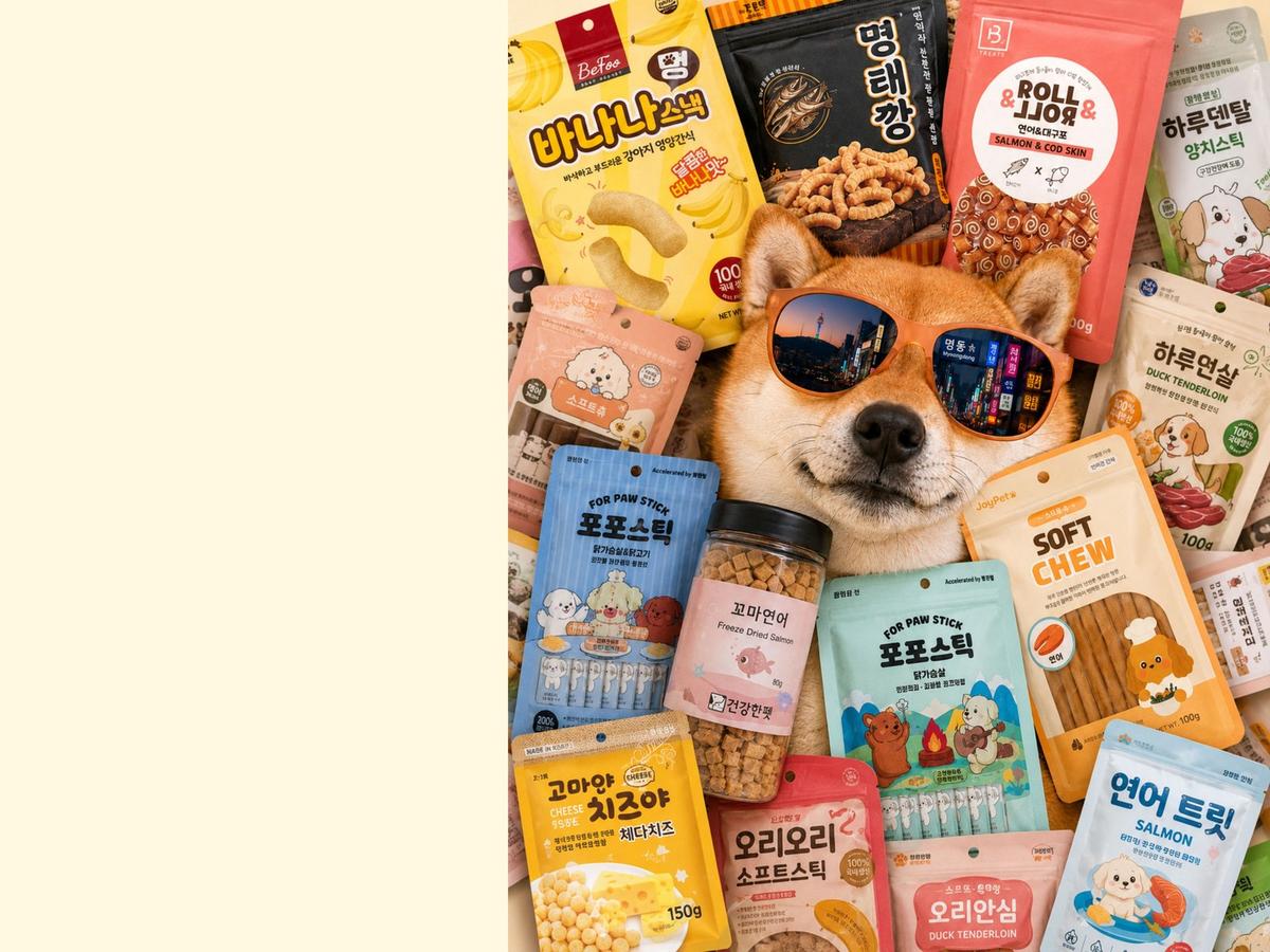 Shiba Inu lying among a wide variety of premium Korean dog treats
