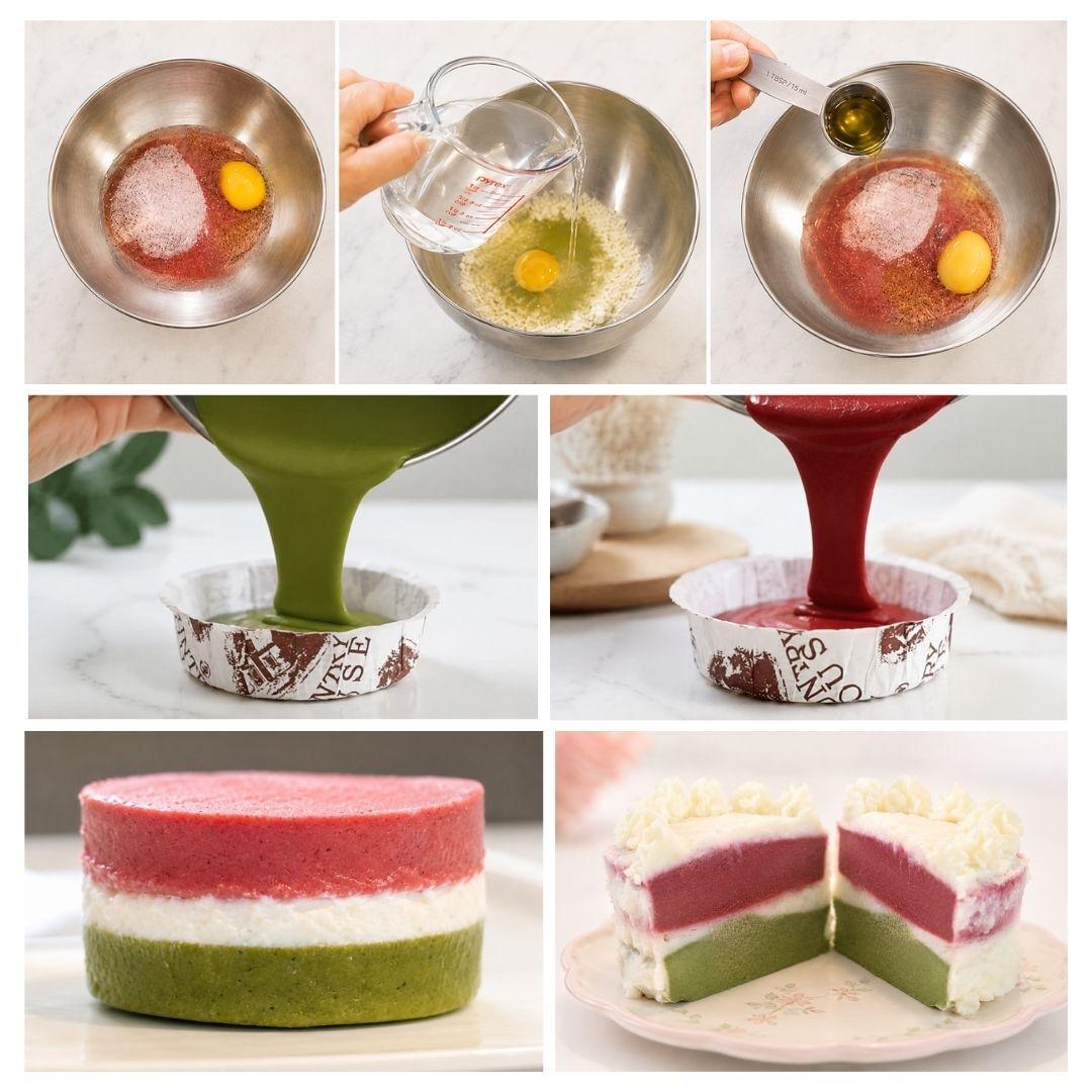 Finished party cake for dogs sliced to show its beet, cream, and spinach layers